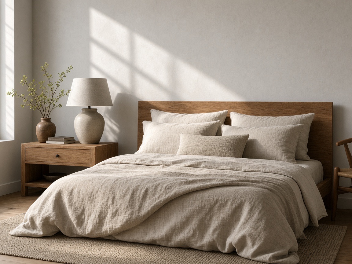 Schlafzimmer mit Leinen und Holz